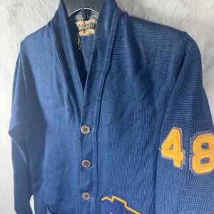 Vintage Deauville Mens Letterman Cardigan Sweater Blue 48 S Patch 1940s Shawl